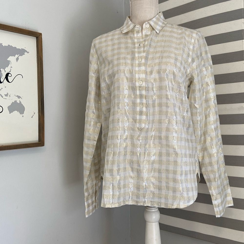 J. Crew Cream and Gold Checkered Blouse